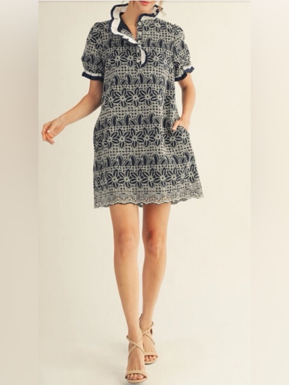 Navy and White lacey eyelet embroidered ruffle collar dress